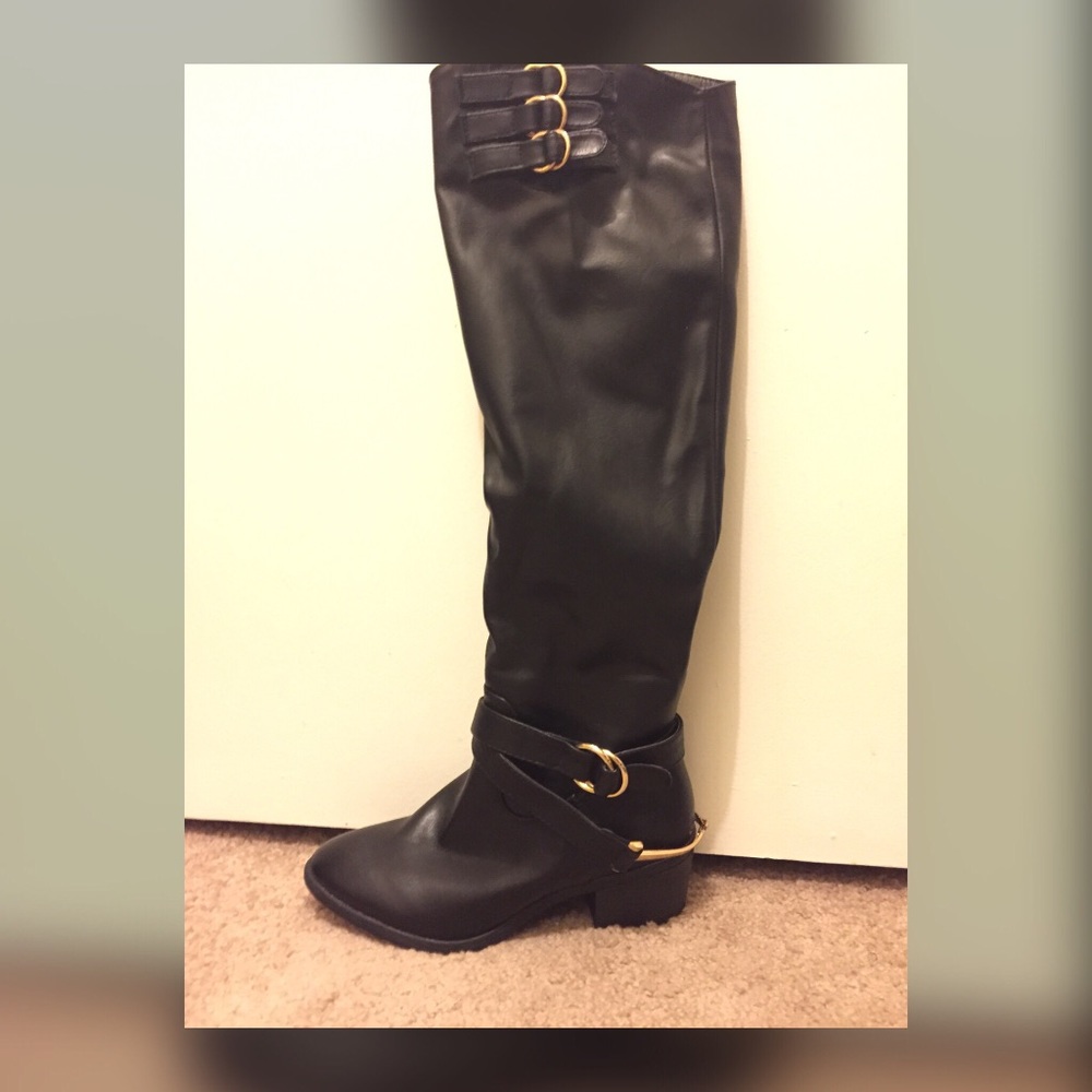 Black leather knee high boots